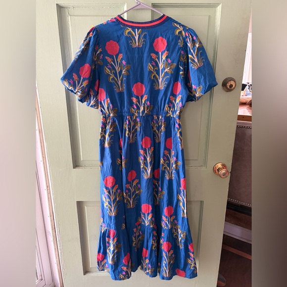 THML Floral dahlia puff sleeve Midi Dress blue green - Picture 7 of 11
